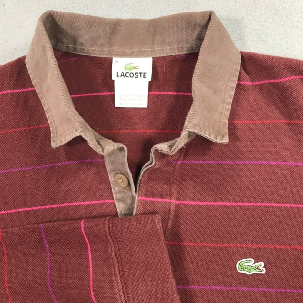 Lacoste Polo Shirt Mens Medium Burgundy Excellent Long Sleeve Striped Gator Logo